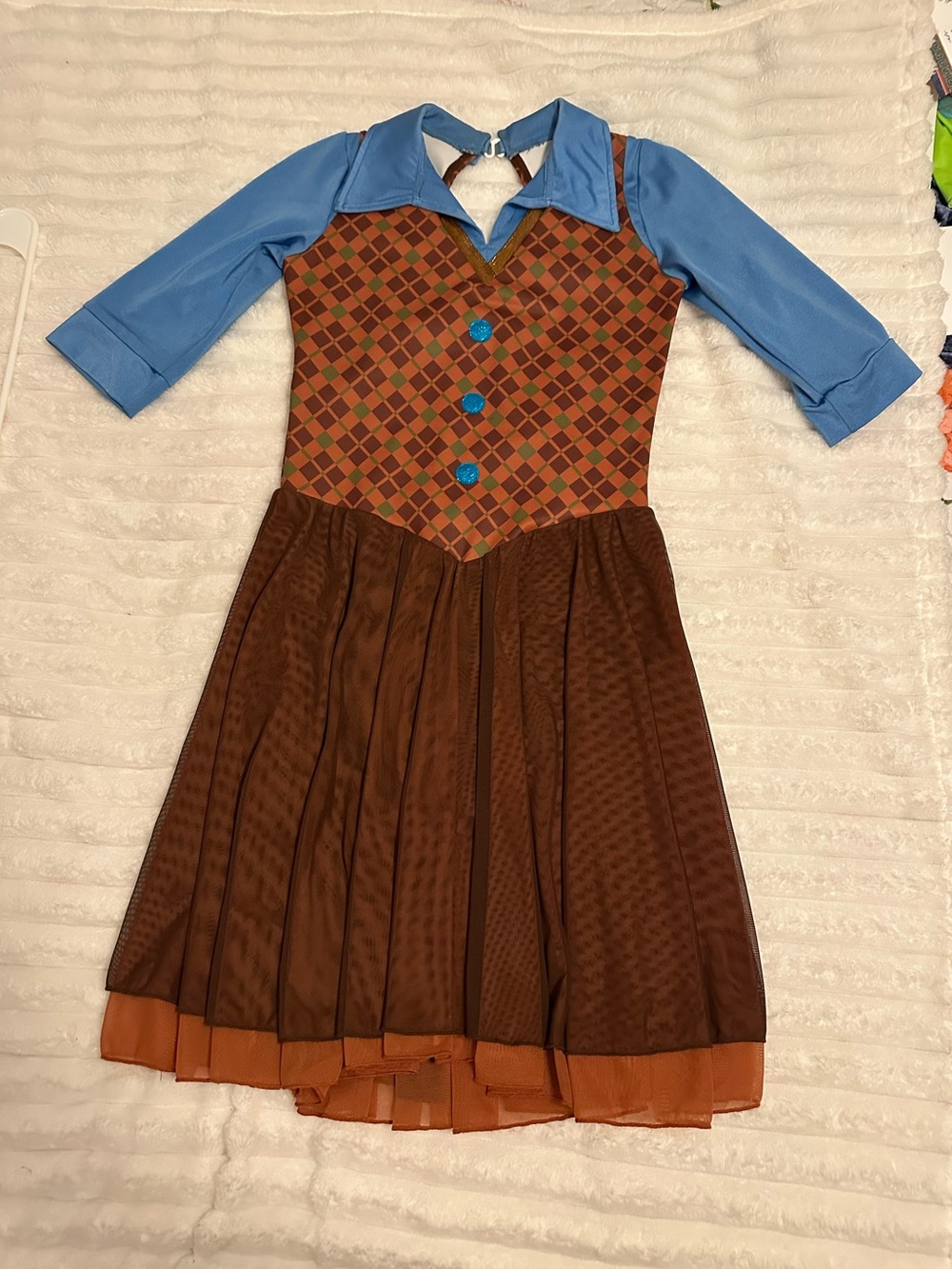 Blue-Sleeve Brown Argyle Pattern Dress with Blue Buttons